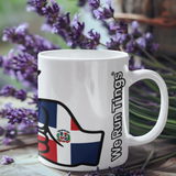 We Run Tings Dominican Republic white ceramic Tea Coffee Mug  with lavender in the background