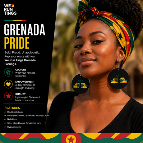 Woman wearing earrings with a 'We Run Tings' Grenada Pride design, set against a natural background.
