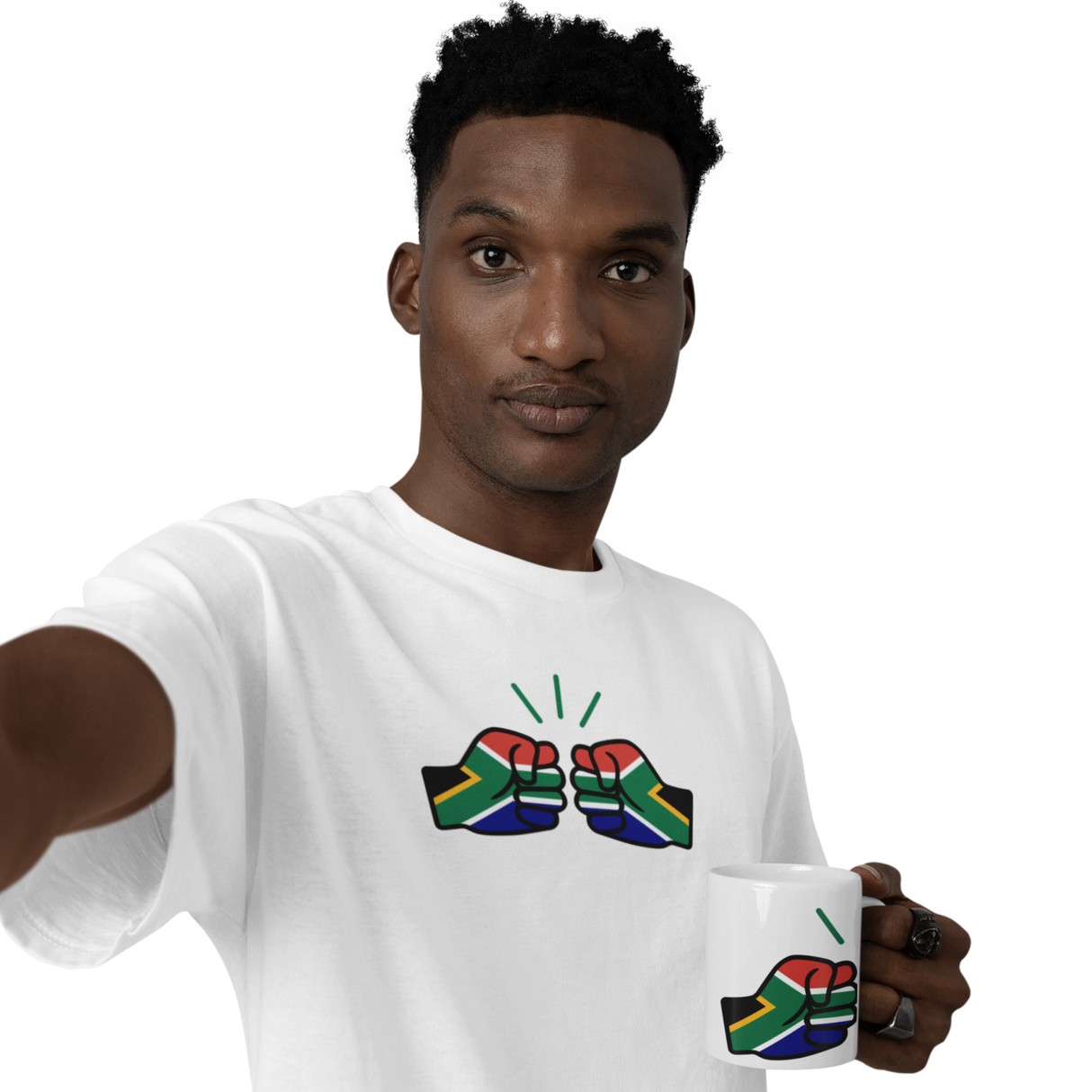 Man wearing a We Run Tings white t-shirt with a design holding a We Run Tings South African themed mug with a similar design on a white background