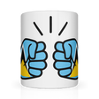 A white ceramic We Run Tings St. Lucia mug with a graphic design of two hands making a peace sign.