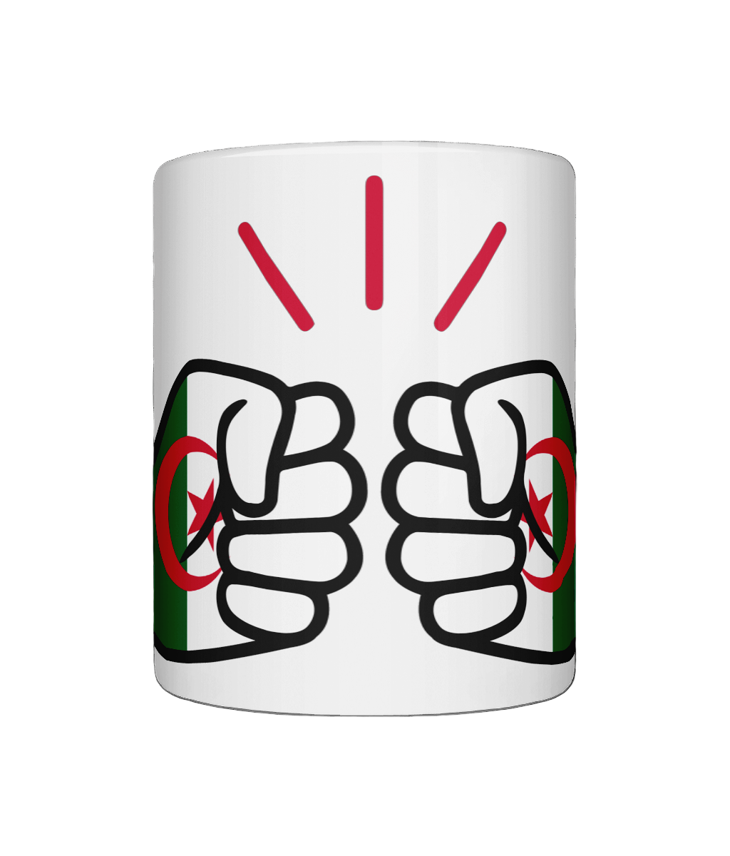 Glossy white ceramic mug featuring a patriotic We Run Tings logo with two fists displaying the flag of Algeria. Front view.