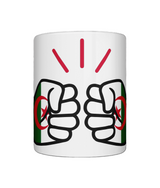 Glossy white ceramic mug featuring a patriotic We Run Tings logo with two fists displaying the flag of Algeria. Front view.