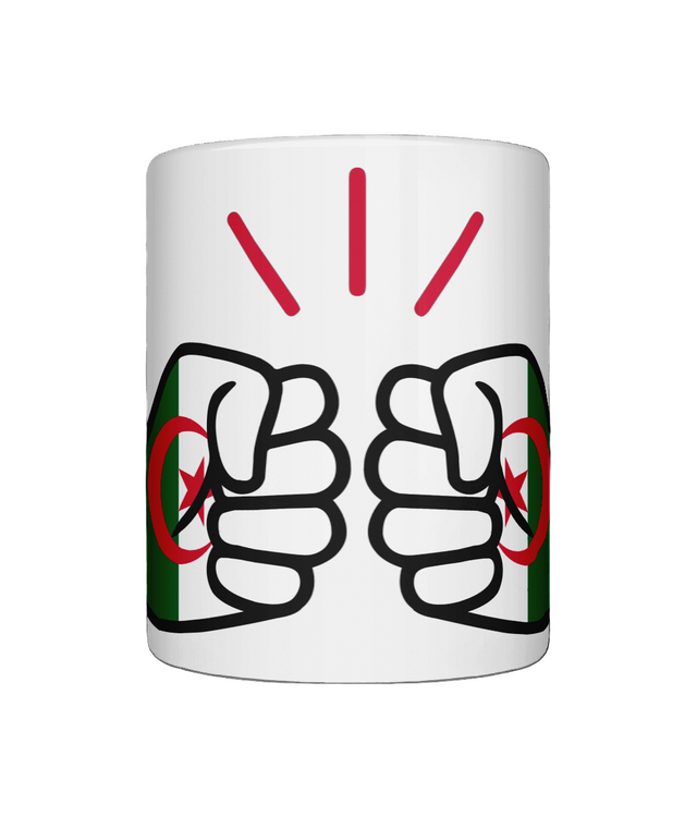 Glossy white ceramic mug featuring a patriotic We Run Tings logo with two fists displaying the flag of Algeria. Front view.