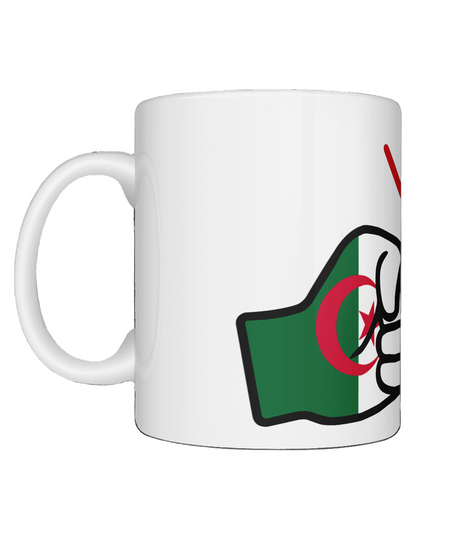 Glossy white ceramic mug featuring a patriotic We Run Tings logo with two fists displaying the flag of Algeria. Left view.