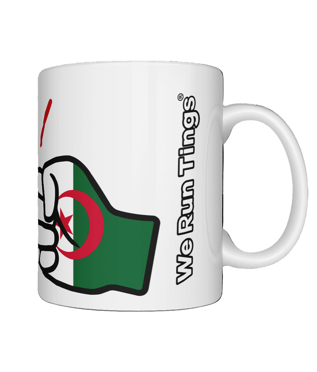 Glossy white ceramic mug featuring a patriotic We Run Tings logo with two fists displaying the flag of Algeria. Right view.