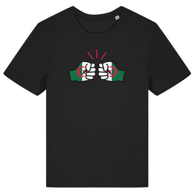We Run Tings, Algeria, Women's Fitted T-Shirt in black. Front view on a white background