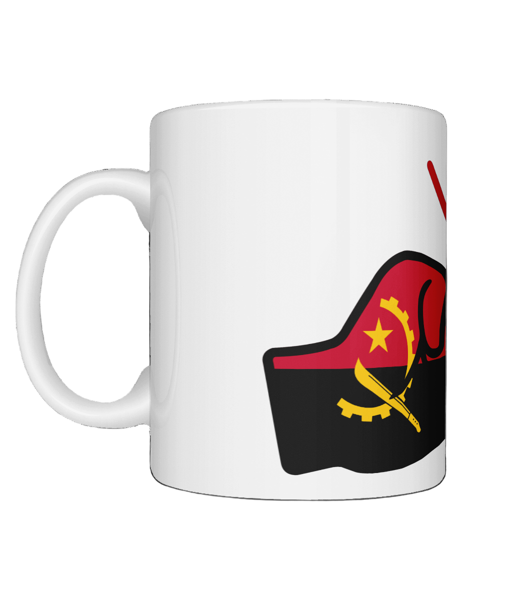 Glossy white ceramic mug featuring a patriotic We Run Tings logo with two fists displaying the flag of Angola. Left view.
