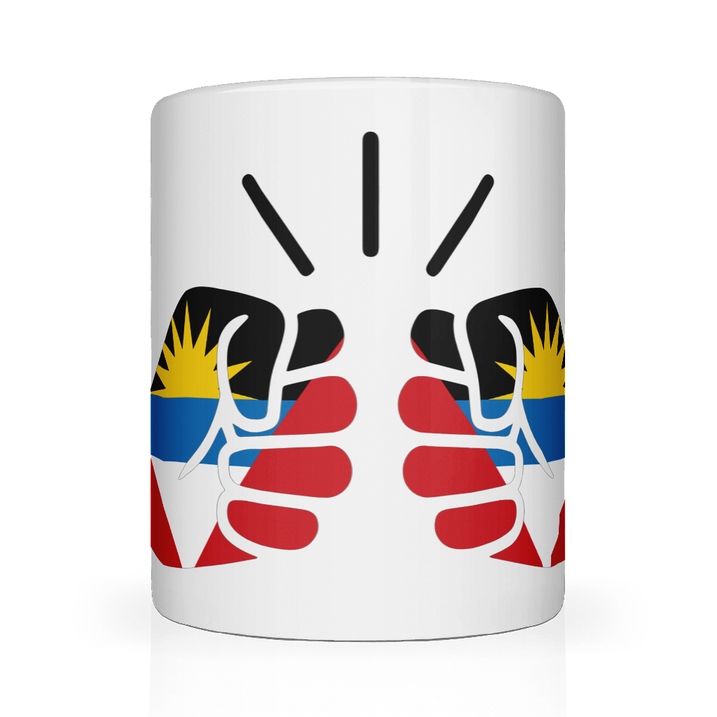 A white ceramic mug with the design of We Run Tings, Antigua and featuring colors of the Antiguan flag and a fist graphic.