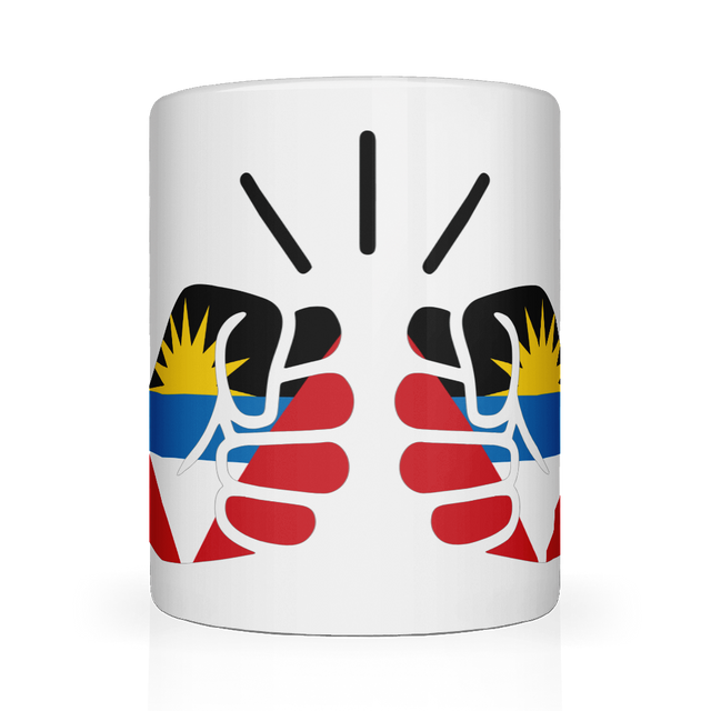 A white ceramic mug with the design of We Run Tings, Antigua and featuring colors of the Antiguan flag and a fist graphic.