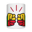Glossy white ceramic mug featuring a patriotic We Run Tings logo with two fists displaying the flag of Benin. Front view
