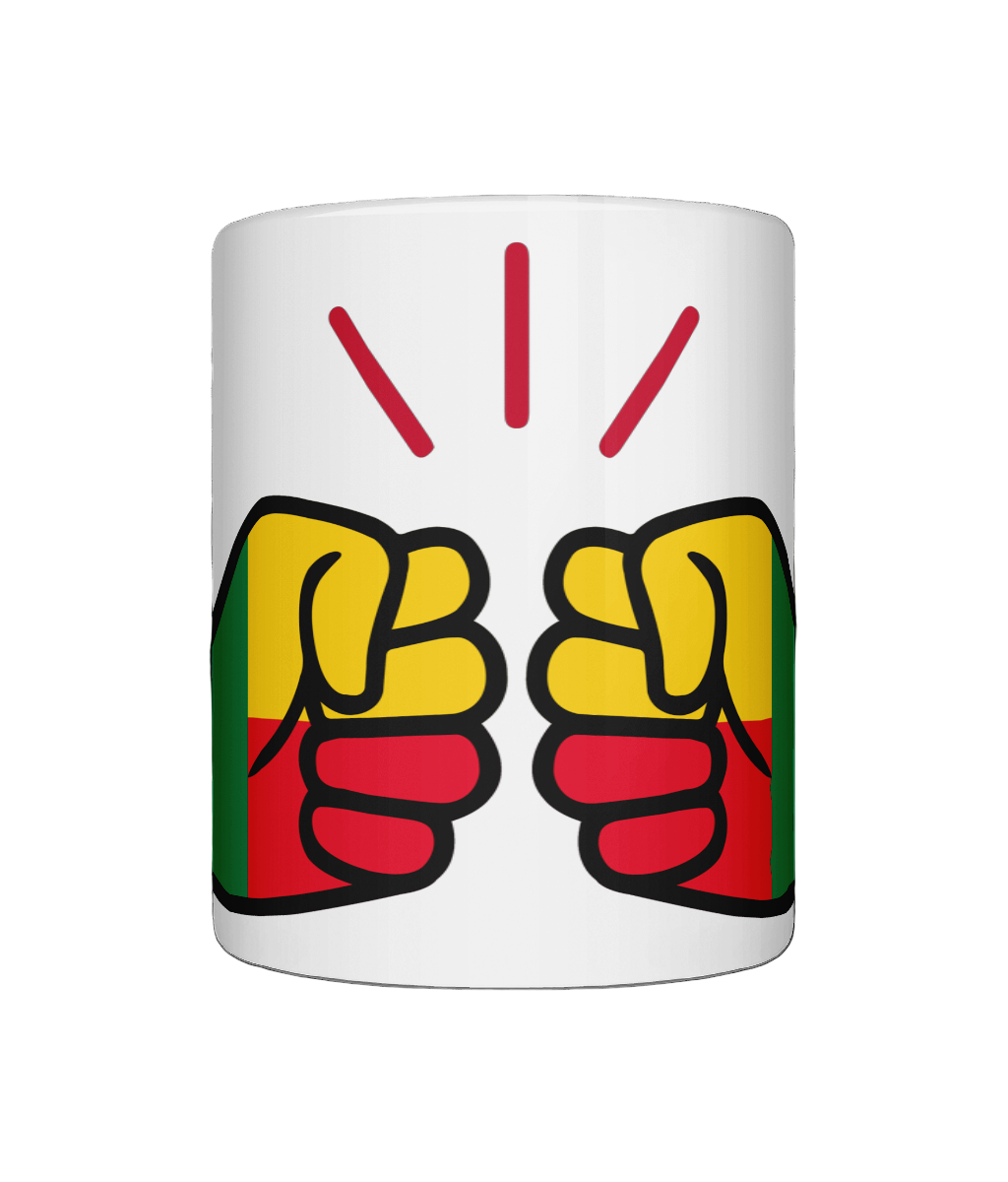 Glossy white ceramic mug featuring a patriotic We Run Tings logo with two fists displaying the flag of Benin. Front view