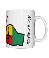 Glossy white ceramic mug featuring a patriotic We Run Tings logo with two fists displaying the flag of Benin. Right view
