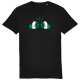 A black, short-sleeved men's t-shirt with a green and white fist logo on the front, representing Nigeria's national colors on a white background