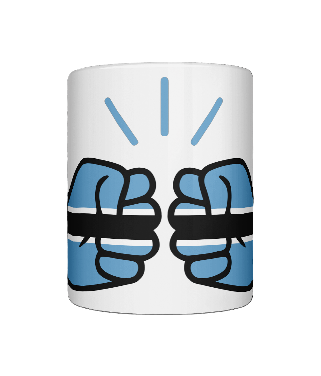 Glossy white ceramic mug featuring a patriotic We Run Tings logo with two fists displaying the flag of Botswana