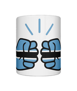 Glossy white ceramic mug featuring a patriotic We Run Tings logo with two fists displaying the flag of Botswana