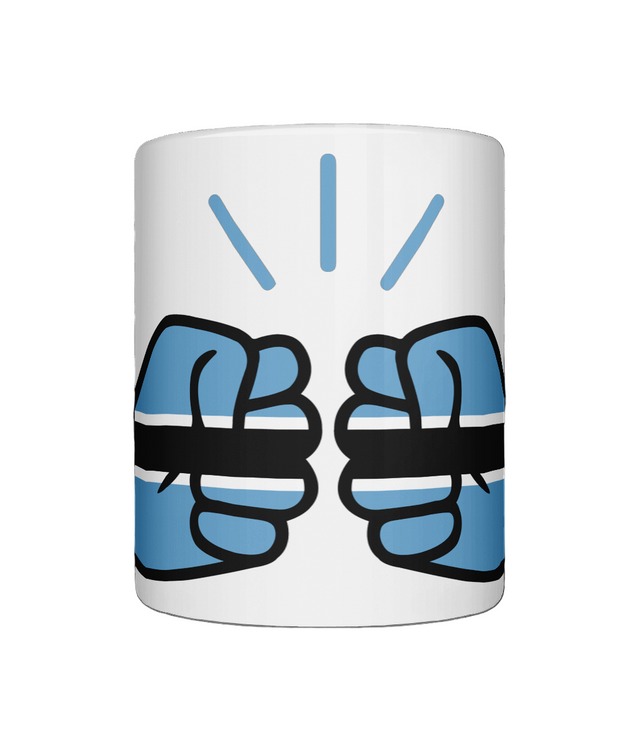 Glossy white ceramic mug featuring a patriotic We Run Tings logo with two fists displaying the flag of Botswana