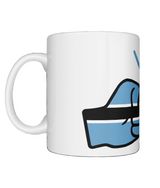 Glossy white ceramic mug featuring a patriotic We Run Tings logo with two fists displaying the flag of Botswana.Side view