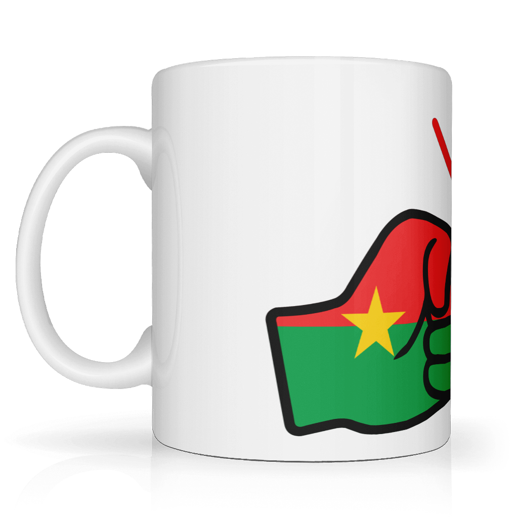 We Run Tings, Burkina Faso Mug. White ceramic glossy cup featuring the flag of Burkina Faso