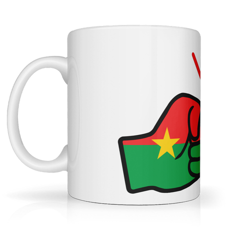 We Run Tings, Burkina Faso Mug. White ceramic glossy cup featuring the flag of Burkina Faso