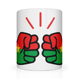 We Run Tings, Burkina Faso Mug. White ceramic glossy cup featuring the flag of Burkina Faso Front view of Mug with red and green fists design on a white background