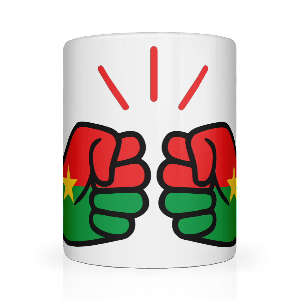 We Run Tings, Burkina Faso Mug. White ceramic glossy cup featuring the flag of Burkina Faso Front view of Mug with red and green fists design on a white background