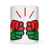 We Run Tings, Burkina Faso Mug. White ceramic glossy cup featuring the flag of Burkina Faso Front view of Mug with red and green fists design on a white background