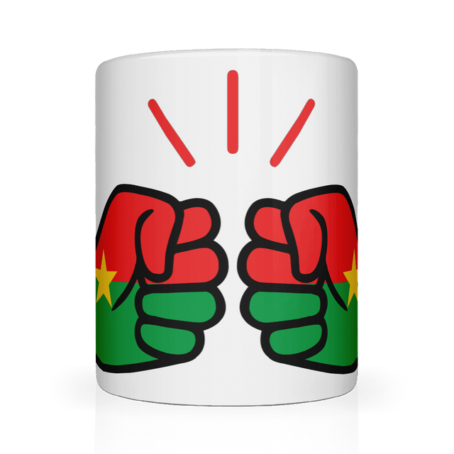 We Run Tings, Burkina Faso Mug. White ceramic glossy cup featuring the flag of Burkina Faso Front view of Mug with red and green fists design on a white background