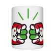 Glossy white ceramic mug featuring a patriotic We Run Tings logo with two fists displaying the flag of Burundi. Front view.