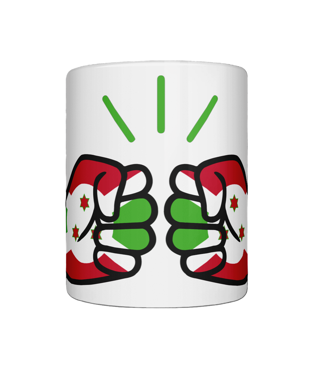 Glossy white ceramic mug featuring a patriotic We Run Tings logo with two fists displaying the flag of Burundi. Front view.