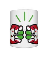 Glossy white ceramic mug featuring a patriotic We Run Tings logo with two fists displaying the flag of Burundi. Front view.