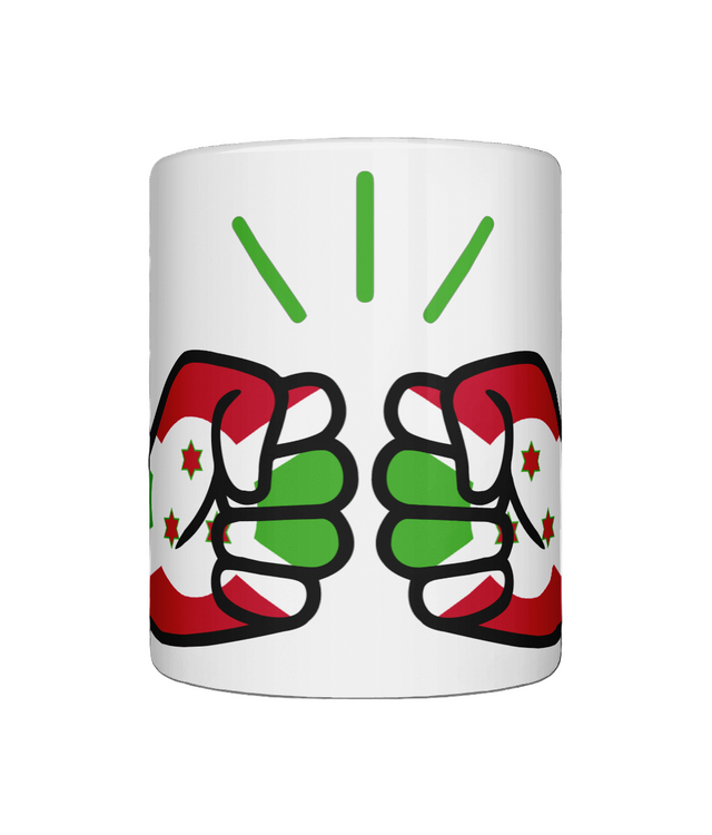 Glossy white ceramic mug featuring a patriotic We Run Tings logo with two fists displaying the flag of Burundi. Front view.