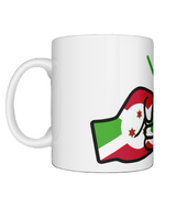 Glossy white ceramic mug featuring a patriotic We Run Tings logo with two fists displaying the flag of Burundi. Left view