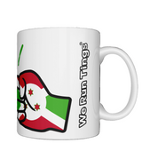 Glossy white ceramic mug featuring a patriotic We Run Tings logo with two fists displaying the flag of Burundi. Right view