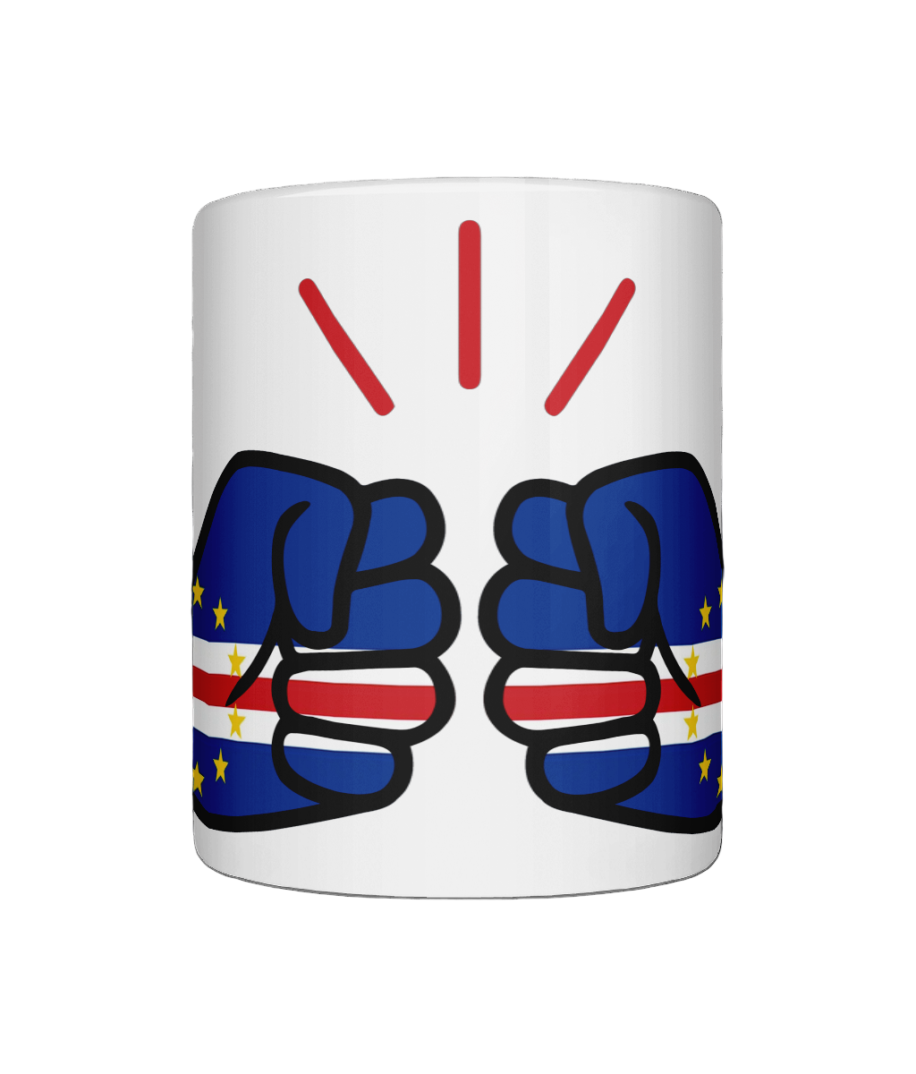 Glossy white ceramic mug featuring a patriotic We Run Tings logo with two fists displaying the flag of Cabo Verde/Cape Verde. Front view.