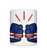Glossy white ceramic mug featuring a patriotic We Run Tings logo with two fists displaying the flag of Cabo Verde/Cape Verde. Front view.