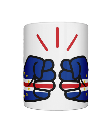 Glossy white ceramic mug featuring a patriotic We Run Tings logo with two fists displaying the flag of Cabo Verde/Cape Verde. Front view.
