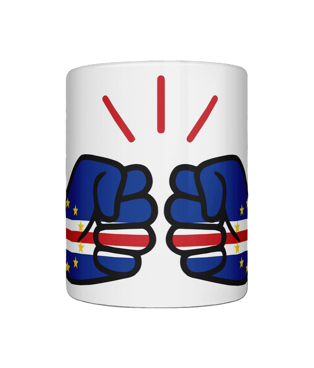 Glossy white ceramic mug featuring a patriotic We Run Tings logo with two fists displaying the flag of Cabo Verde/Cape Verde. Front view.