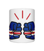 Glossy white ceramic mug featuring a patriotic We Run Tings logo with two fists displaying the flag of Cabo Verde/Cape Verde. Front view.