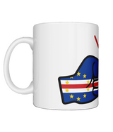 Glossy white ceramic mug featuring a patriotic We Run Tings logo with two fists displaying the flag of Cabo Verde/Cape Verde. Left view.