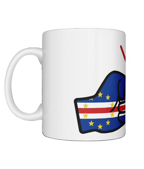 Glossy white ceramic mug featuring a patriotic We Run Tings logo with two fists displaying the flag of Cabo Verde/Cape Verde. Left view.