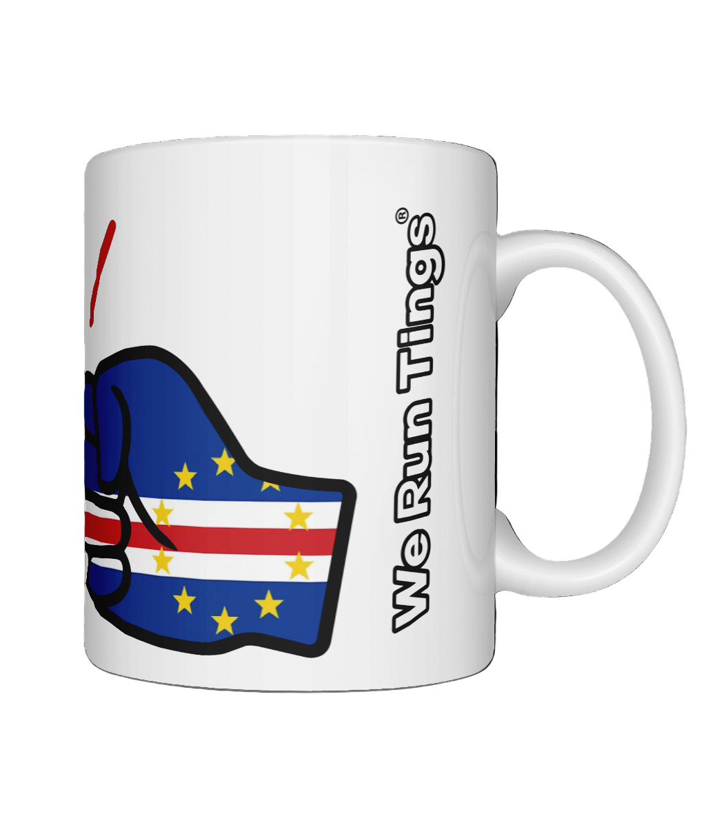 Glossy white ceramic mug featuring a patriotic We Run Tings logo with two fists displaying the flag of Cabo Verde/Cape Verde. Right view.