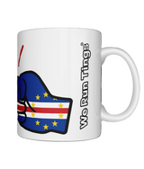 Glossy white ceramic mug featuring a patriotic We Run Tings logo with two fists displaying the flag of Cabo Verde/Cape Verde. Right view.