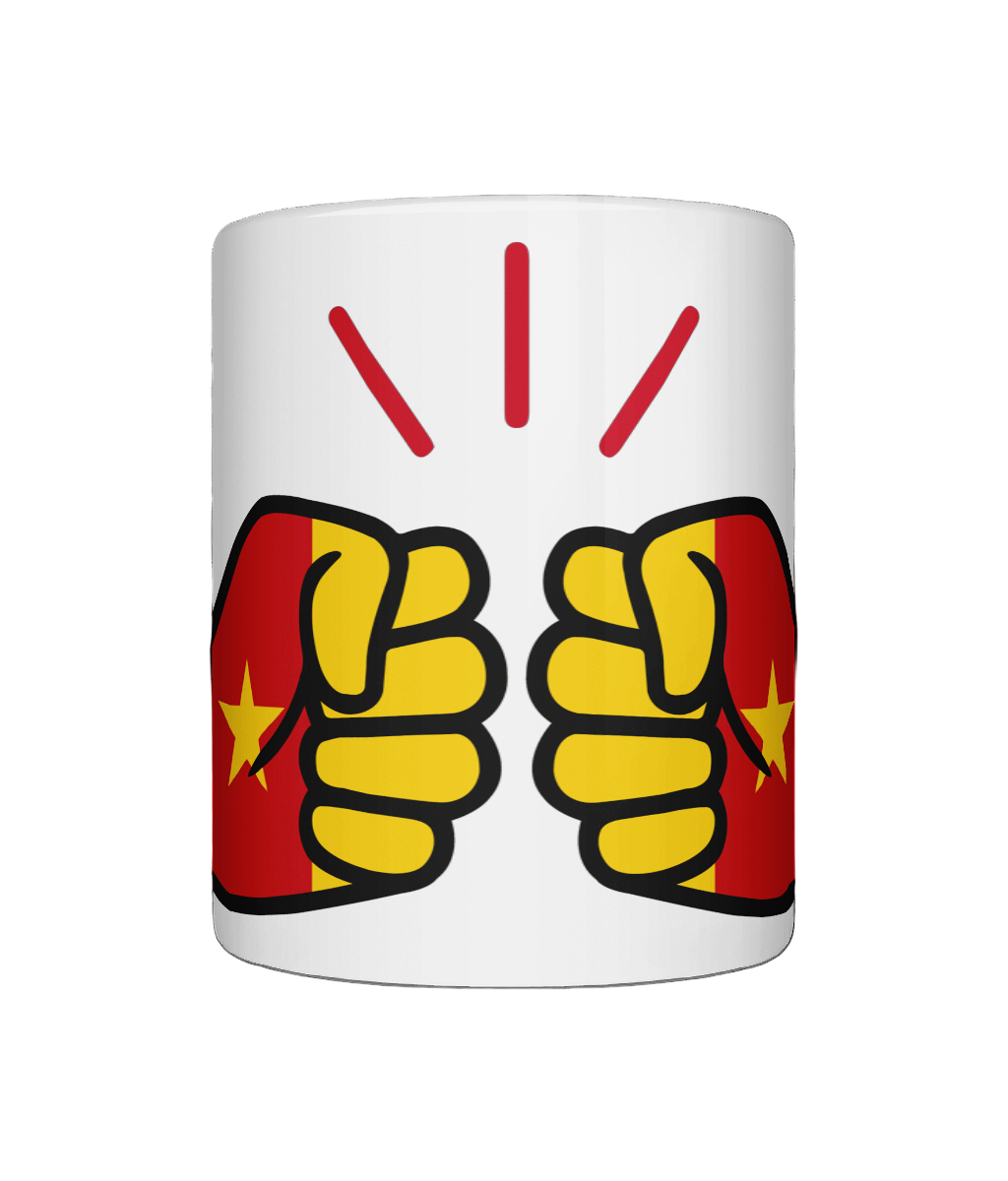 Glossy white ceramic mug featuring a patriotic We Run Tings logo with two fists displaying the flag of Cameroon. Front view