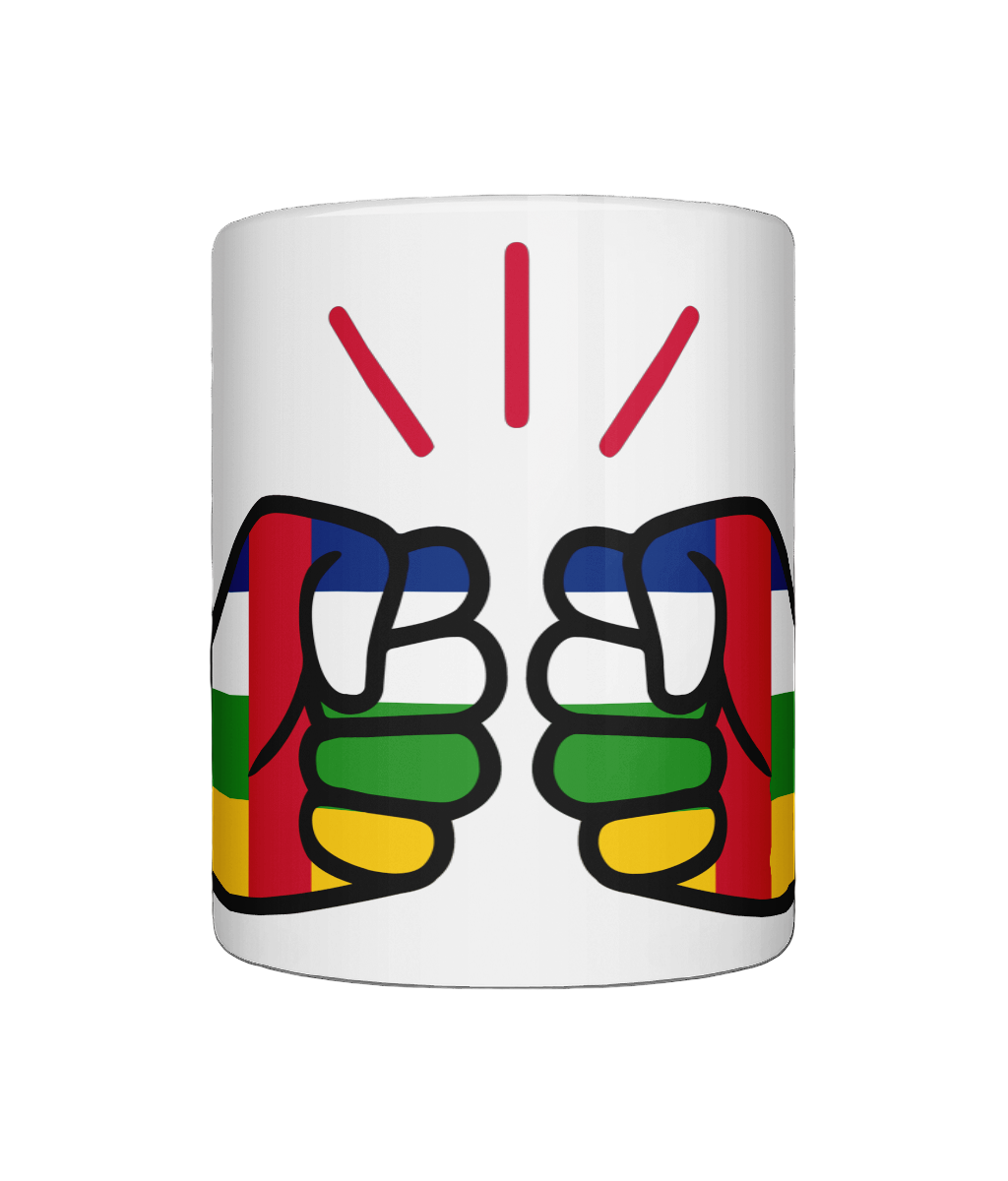 A glossy white ceramic mug with a graphic design of Central African Republic flag and the brand 'We Run Tings'.