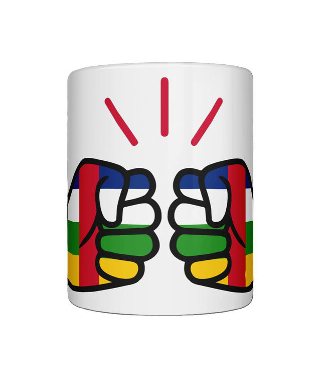 A glossy white ceramic mug with a graphic design of Central African Republic flag and the brand 'We Run Tings'.