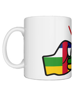 A glossy white ceramic mug with a graphic design of Central African Republic flag and the brand 'We Run Tings'. Side view