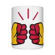 A glossy white ceramic mug with a graphic design of the flag of Chad and the brand 'We Run Tings'. Front view
