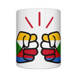 A glossy white ceramic We Run Tings Comoros Mug with a graphic design of a fist and the colors of the Comoros flag. Front view