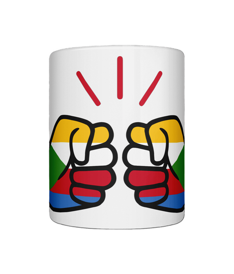 A glossy white ceramic We Run Tings Comoros Mug with a graphic design of a fist and the colors of the Comoros flag. Front view