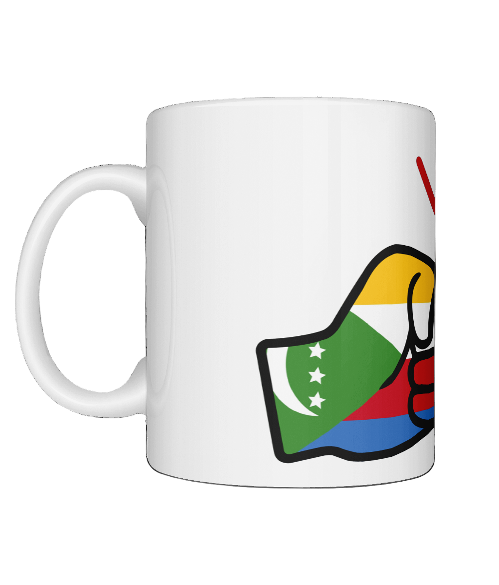 A glossy white ceramic We Run Tings Comoros Mug with a graphic design of a fist and the colors of the Comoros flag. Side view